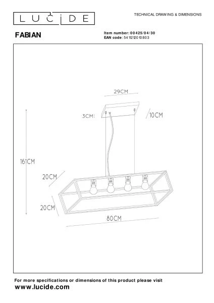 Lucide FABIAN - Hanglamp - 4xE27 - Zwart - technisch